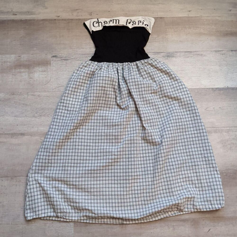 Charm Paris Strapless Dress Black Bodice Plaid Maxi Skirt Tie Back